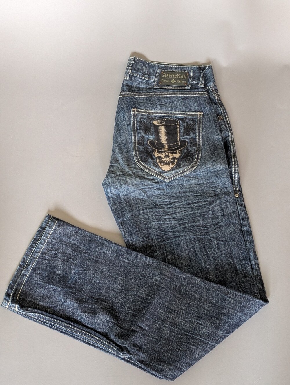 Affliction Jeans With Embroidered Skull With Tophat